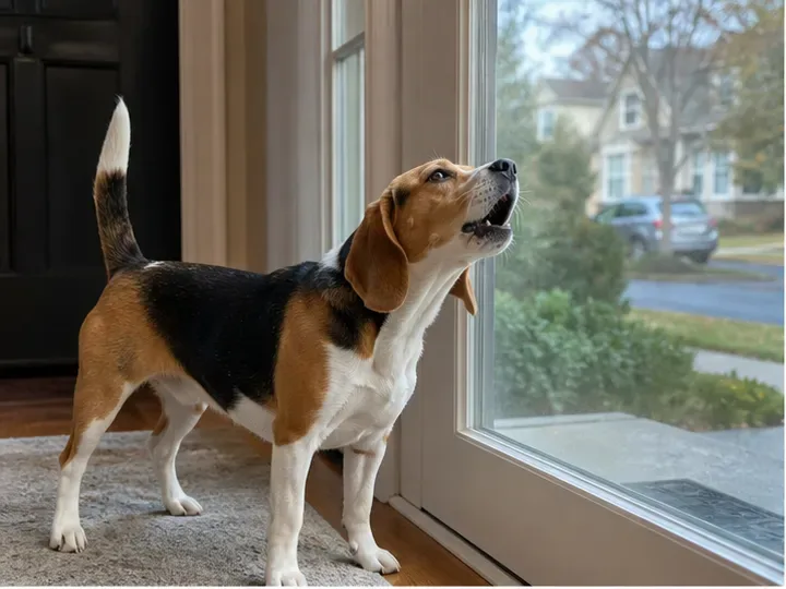 Dog barking at a window, the kind of moment WoofAway is built to interrupt