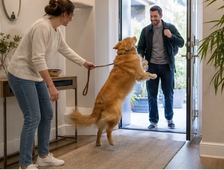 Dog jumping to greet a visitor at the door