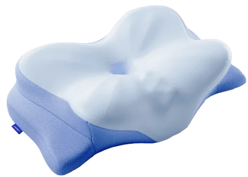 Derila Ergo memory foam pillow seen from a three-quarter angle, showing the raised wings and the dipped centre