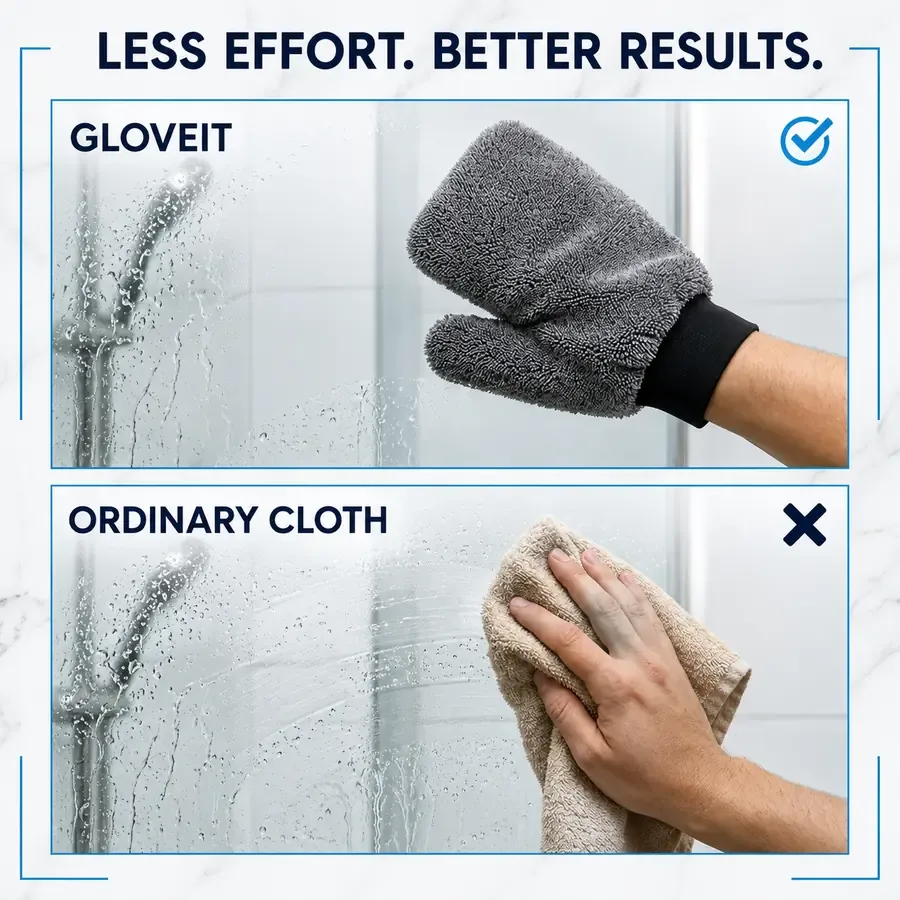 Shower glass compared side by side: dried with GloveIt versus left to air-dry with water spots
