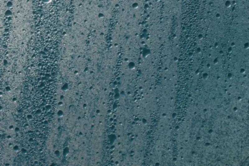 Close-up of condensation droplets covering the inside of a window pane