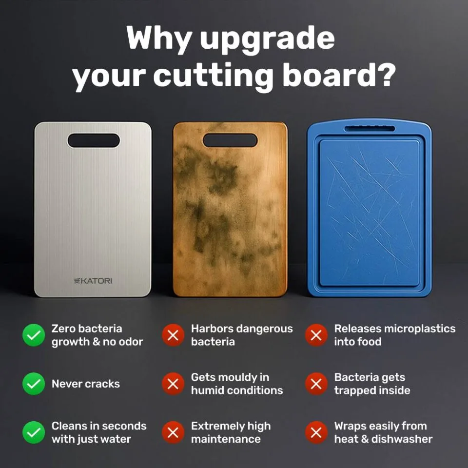 Katori titanium cutting board shown double-sided for meat and produce