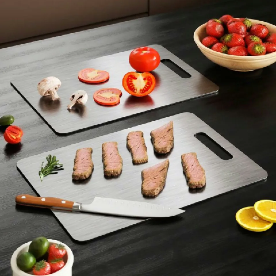 Close-up of the laser-cut titanium surface texture on the Katori cutting board