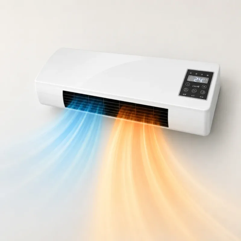 LifeGauge Breeze Wandgerät vor weißem Hintergrund, mit blauem und orangefarbenem Luftstrom