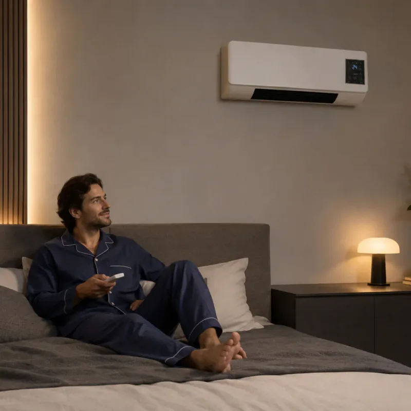 LifeGauge Breeze an der Schlafzimmerwand bei Nacht, Mann mit Fernbedienung im Bett