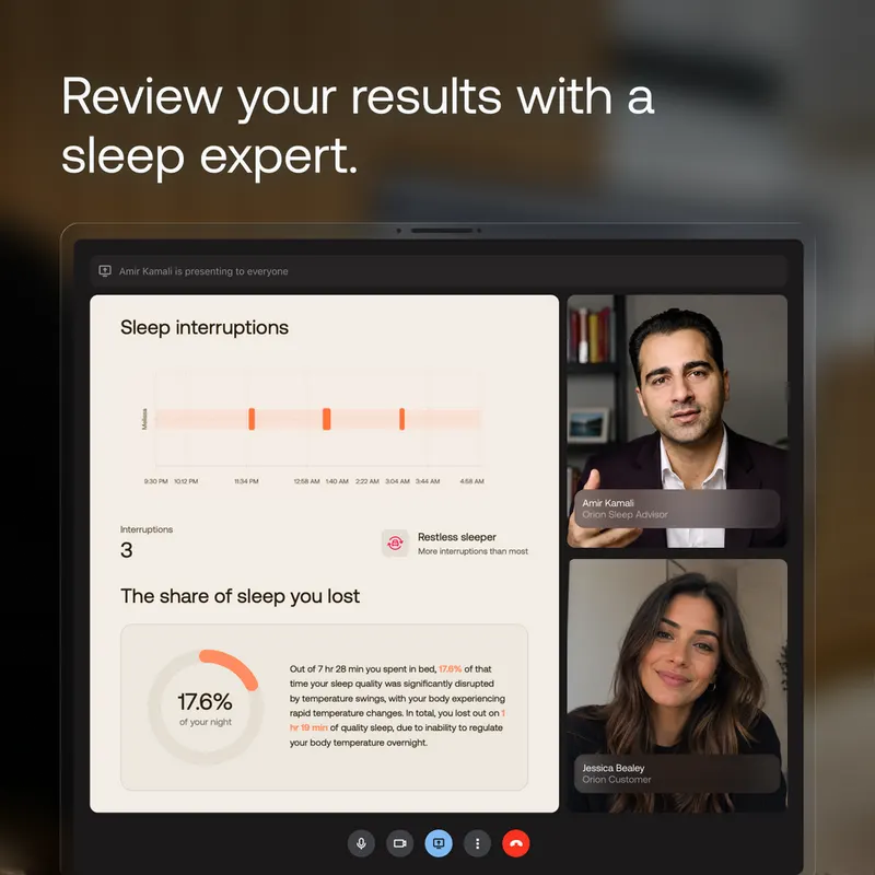 Video call with an Orion Sleep Advisor reviewing a sleep interruptions chart