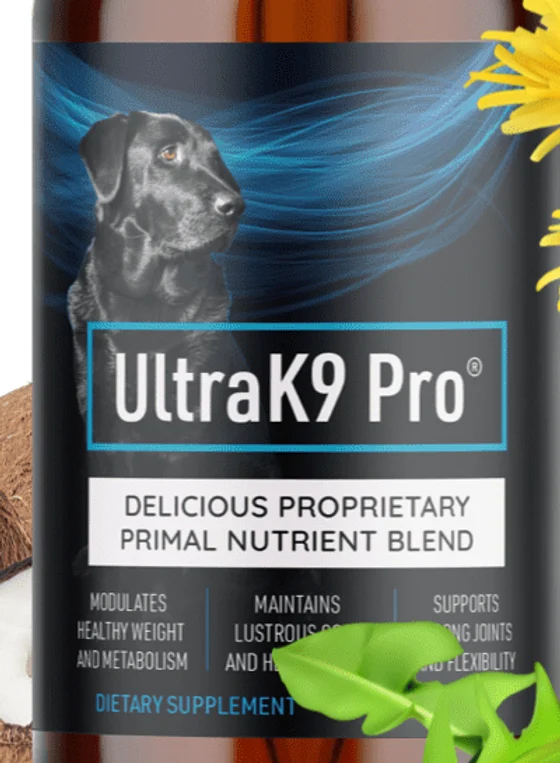 Close-up of the UltraK9 Pro label showing the proprietary primal nutrient blend claims