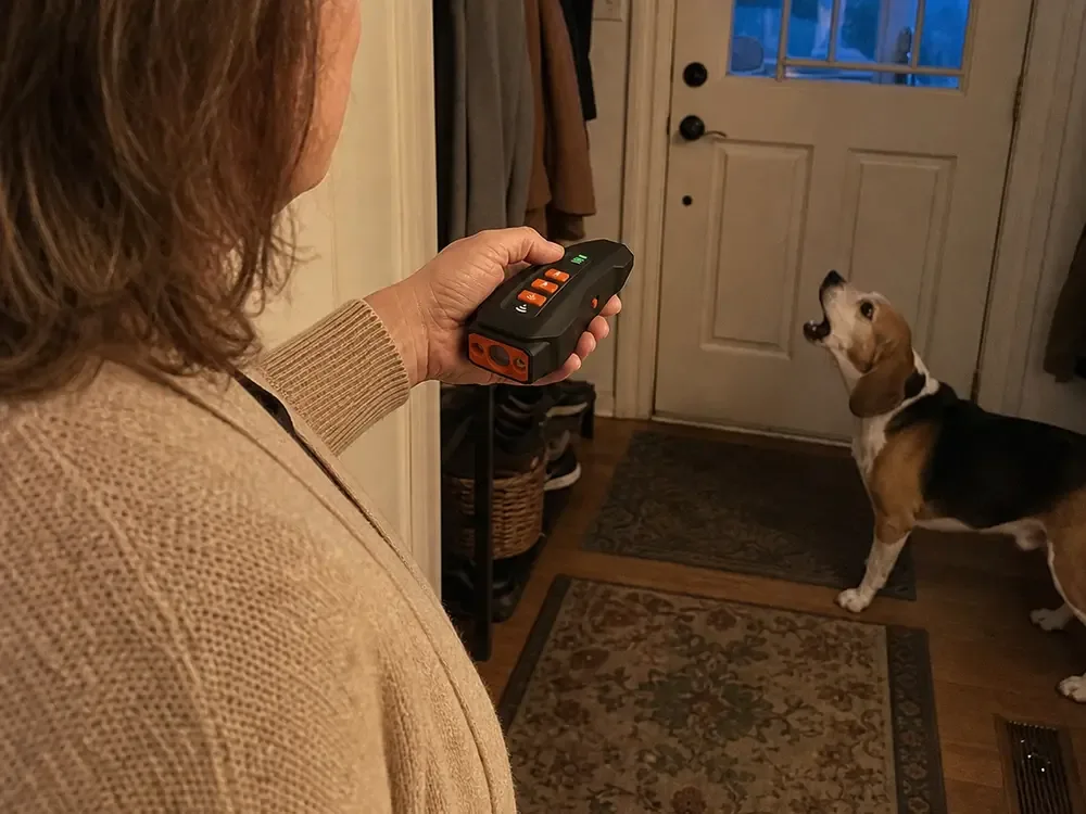 Owner interrupting a dog's barking with the WoofAway device